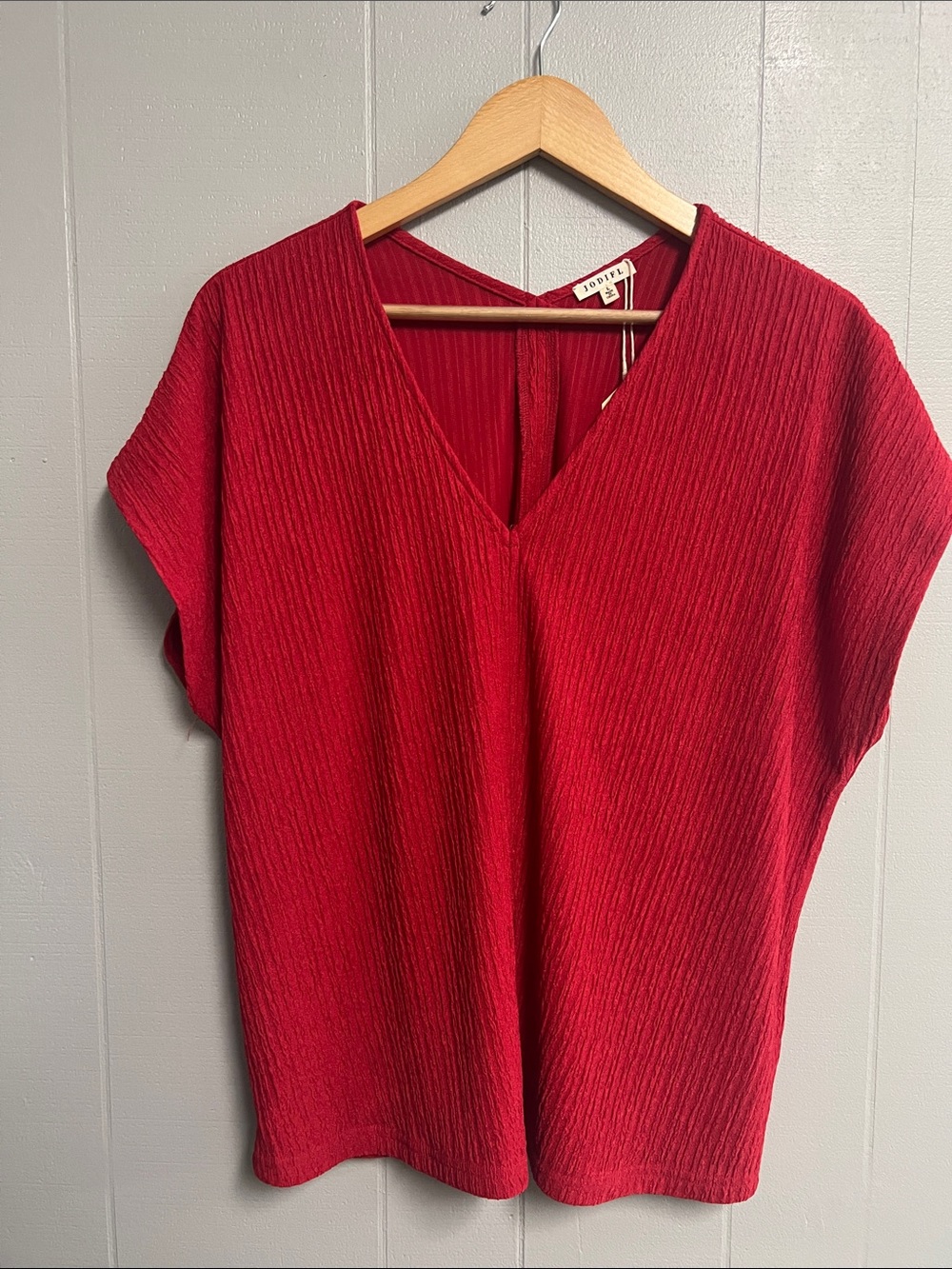NWT Blouse Top Shirt Large Red Ribbed/Textured V Neck